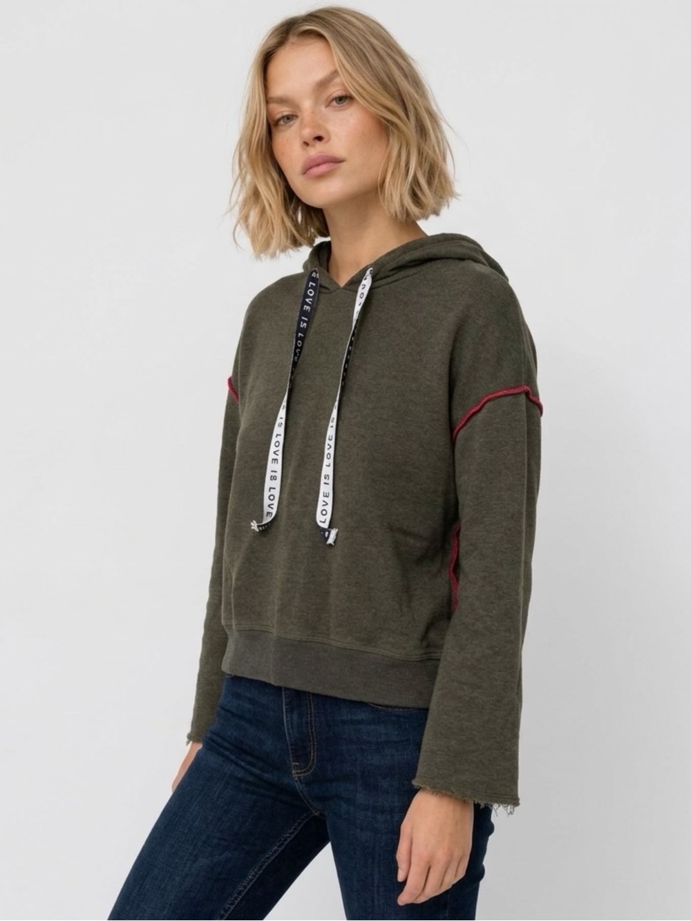 Sundry Olive Hooded Pullover with Red Contrast Seam